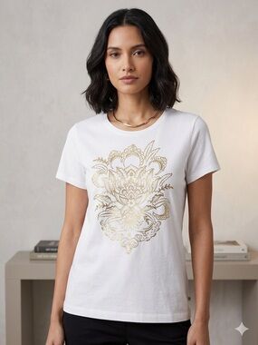 ZENERGY BY CHICOS Medallion Print Tee M 19” p2p White/Gold NWOT